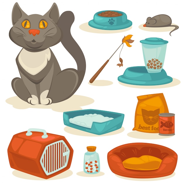 Vector cat accessoires set. dierbenodigdheden