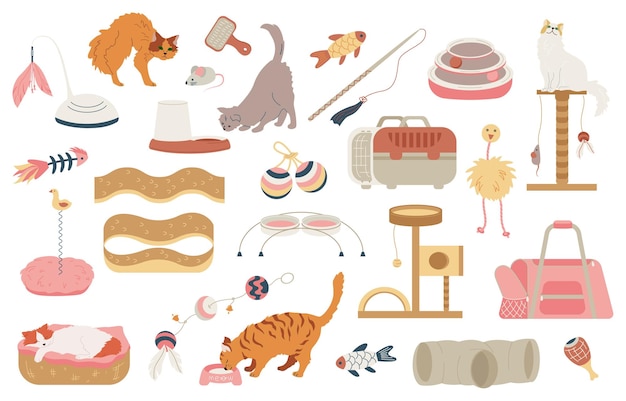 Аксессуары для кошек, плоский набор изолированных иконок с пушистыми мышами, игрушки, корзины для квартир и векторная иллюстрация переносок для домашних животных