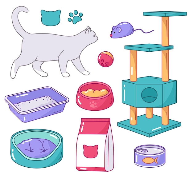 Vector cat accessories litter box bed treemeal food toys illustrations pet objects set of vector drawings