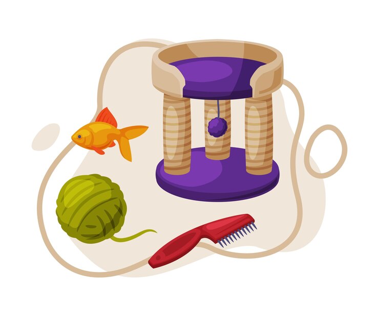 Vector 고양이 액세서리 세트 반려동물 동물 물건 고양이 집 스크래치 포스트 반려동산 브러시 장난감 만화 스타일 터 일러스트레이션
