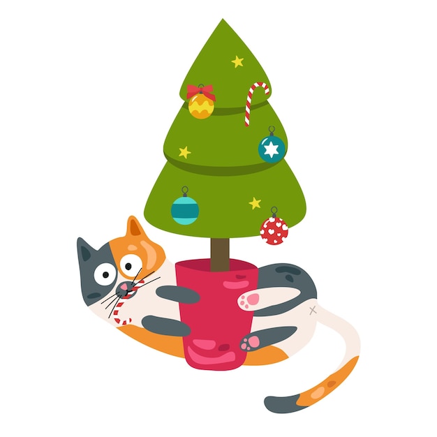 Вектор Кошка и рождественская елка. векторная иллюстрация в плоском стиле