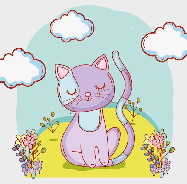 Cat animal with clouds and flowers plants