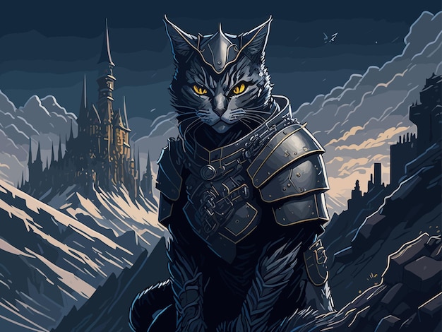 Vector a cat in a armor stands on a cliff