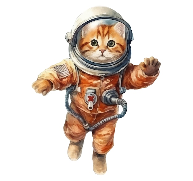 Кошка-космонавт в скафандре. акварельная иллюстрация кота-космонавта в скафандре.