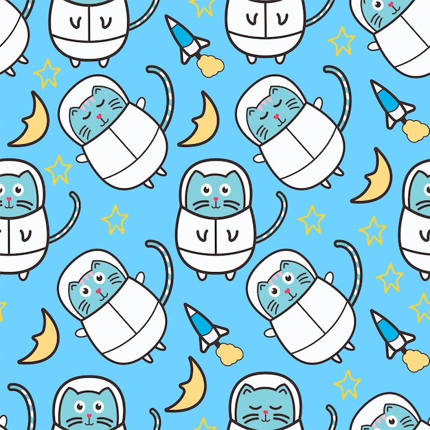 Cat astronaut seamless pattern