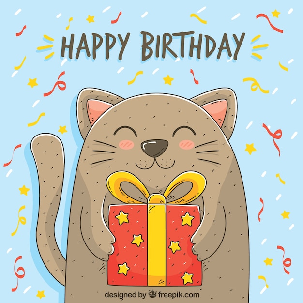 Sfondo di gatto con regalo di compleanno disegnato a mano