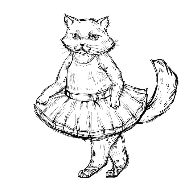 Cat ballerina in ballet dress and pointe. Vintage monochrome hatching illustration