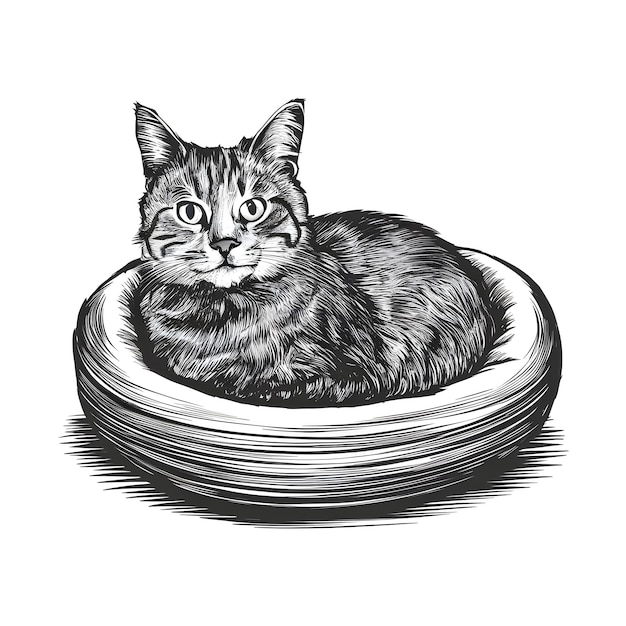 Cat bed ink sketch drawing black and white engraving style vector illustration