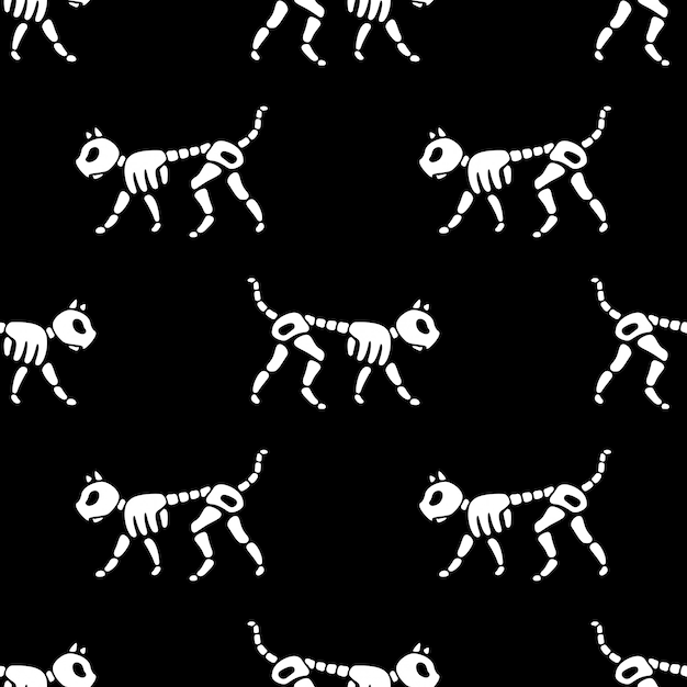 Cat bone halloween seamless pattern skull skeleton