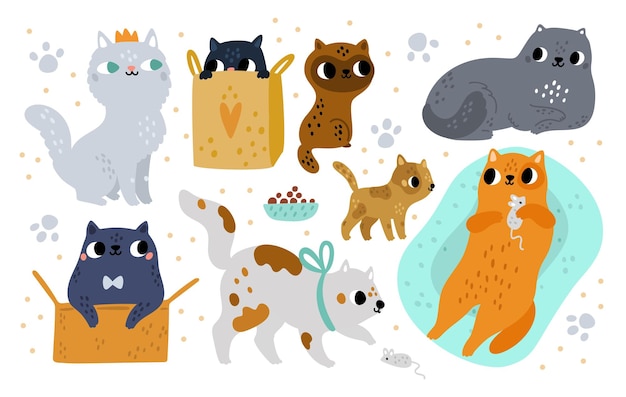 Cat breeds Cute animals in different poses and activities funny pets playful kittens cartoon hand drawn characters various colors wool cats playing with mouse sitting in box vector set