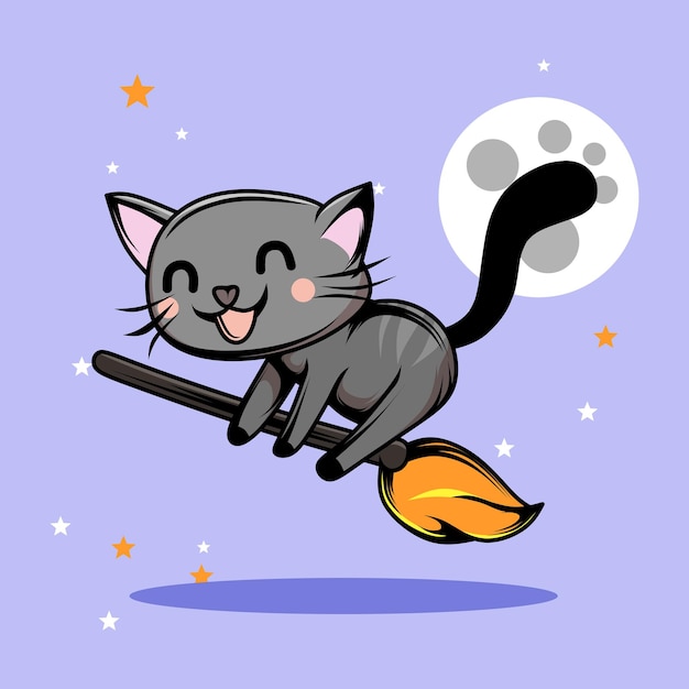 Vector cat and broom on a full moon