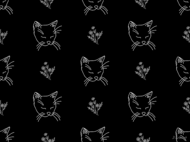 Cat cartoon character seamless pattern on black background