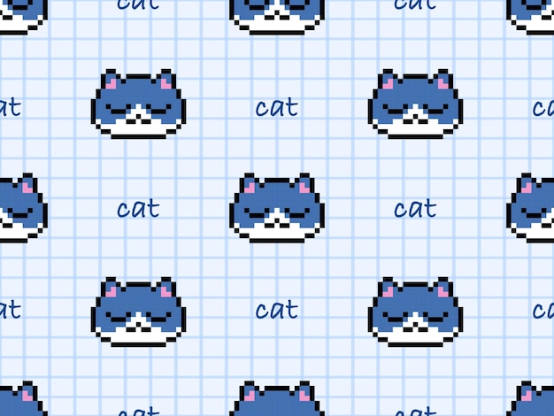 Персонаж мультфильма "Кошка" бесшовный рисунок на синем фоне Пиксельный стиль