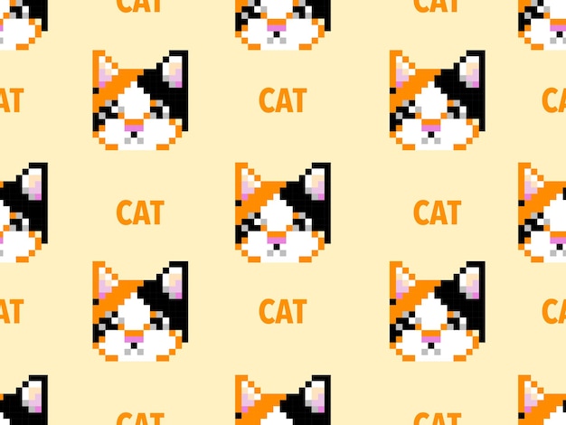 Cat cartoon character seamless pattern on orange backgroundpixel style