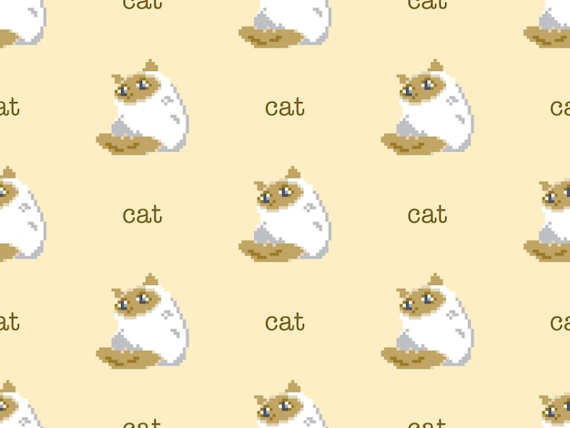 Cat cartoon character seamless pattern on yellow background pixel style