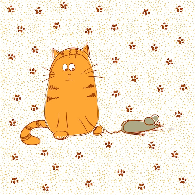 Vector cat caught a mouse doodle vector illustration