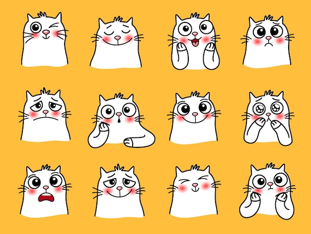 Adesivi con personaggi di gatto. animali domestici del fumetto con emozioni carine, immagini grafiche sorridenti di animali amorevoli, illustrazione vettoriale di divertenti emoji di gatti con grandi occhi isolati su backgro giallo