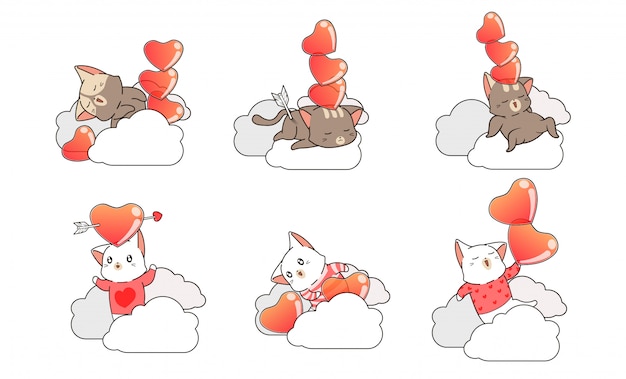 Cat characters and heart on clouds collection