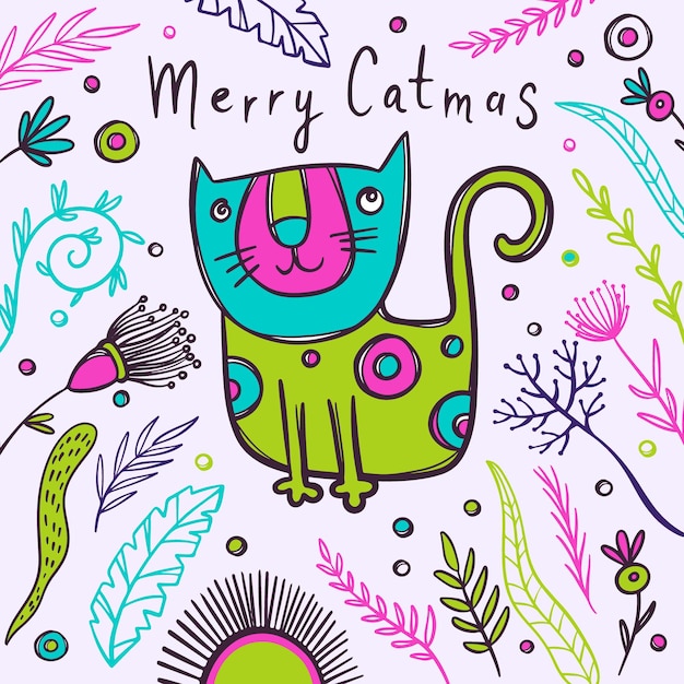 CAT CHRISTMAS FUNNY CARD Cute Kitten Dreams Among Flowers