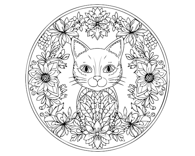 A cat in a circle of flowers coloring page Silhouette cat head coloring page