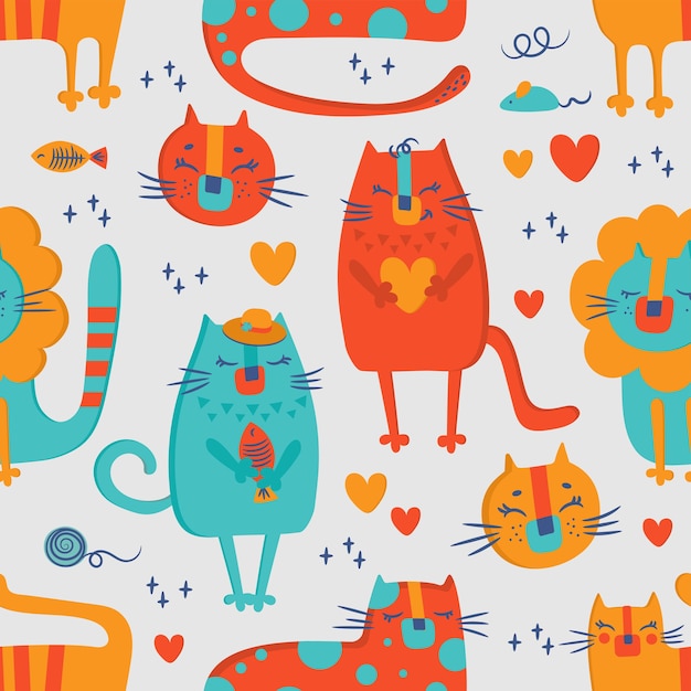 CAT CIRCUS Hand Drawn Flat Design Grunge Style Cartoon Cute Animal Seamless Pattern Vector Illustration For Print