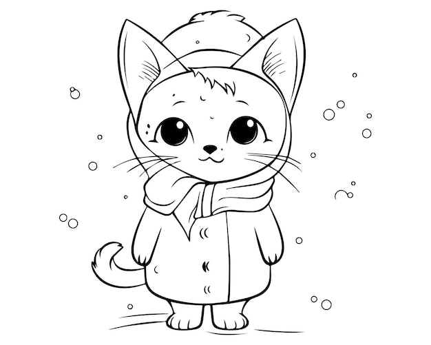 コートとスカーフを着た猫のぬり絵 かわいい猫のぬり絵 かわいい猫のアウトライン アート ベクトルのページ