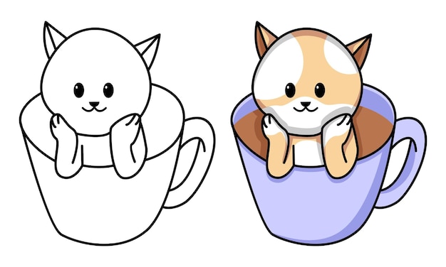 cat in coffee cup coloring page for kids