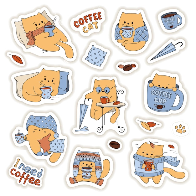 Cat and coffee Stickers set