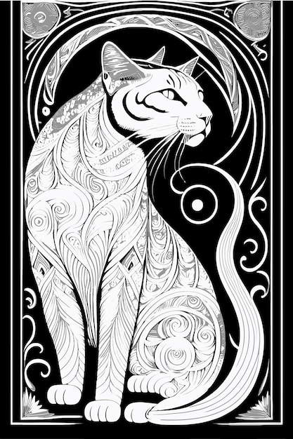 Vector cat coloring page for adult black and white cat outline one line coloring book page