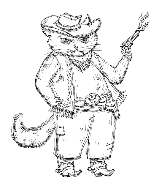 Cat cowboy holding a revolver and dressed in a hat, waistcoat, boots with spurs. vintage vector monochrome hatching illustration isolated on white background. hand drawn design element for t-shirt