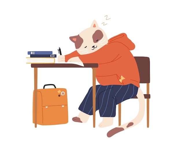 Cat cub sleeping at desk while studying in school. cute animalistic childish character wearing clothes at lesson. flat vector cartoon illustration of kitten pupil with pile of books isolated on white.