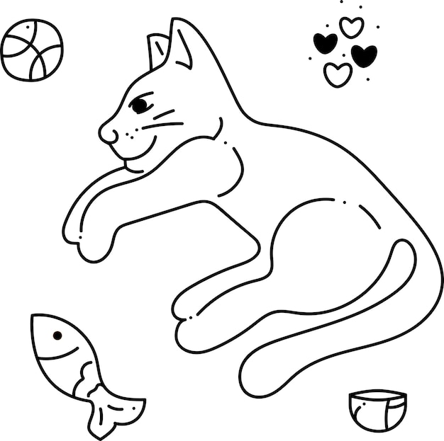 Cat Cute cat bowl ball fish hearts Cartoon doodle illustration