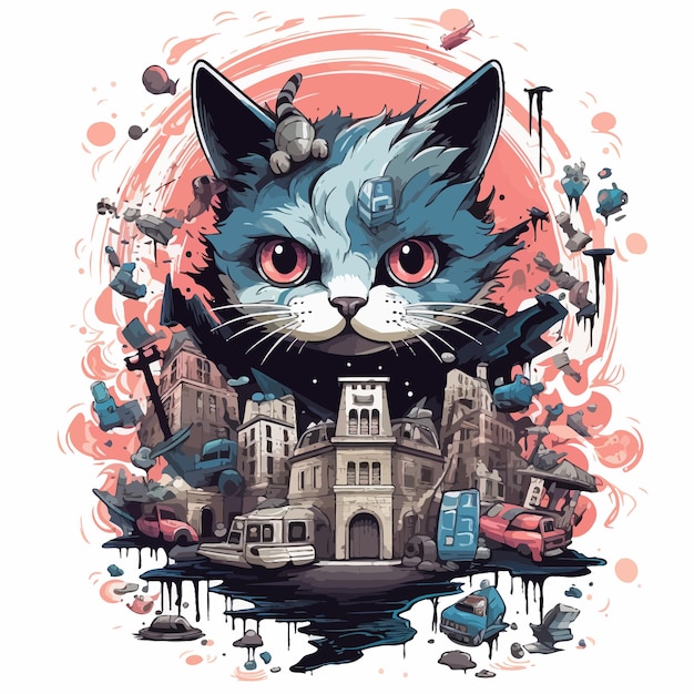 cat_destroy_city_Vector_Illustration