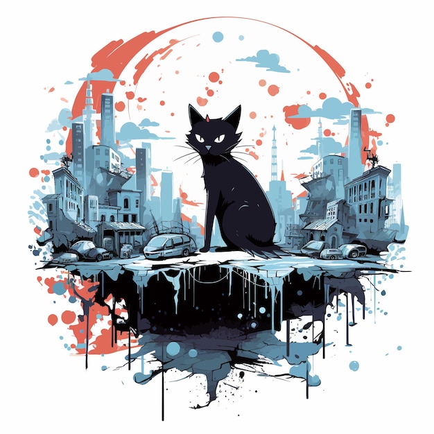 Cat_destroy_city_vector_illustration