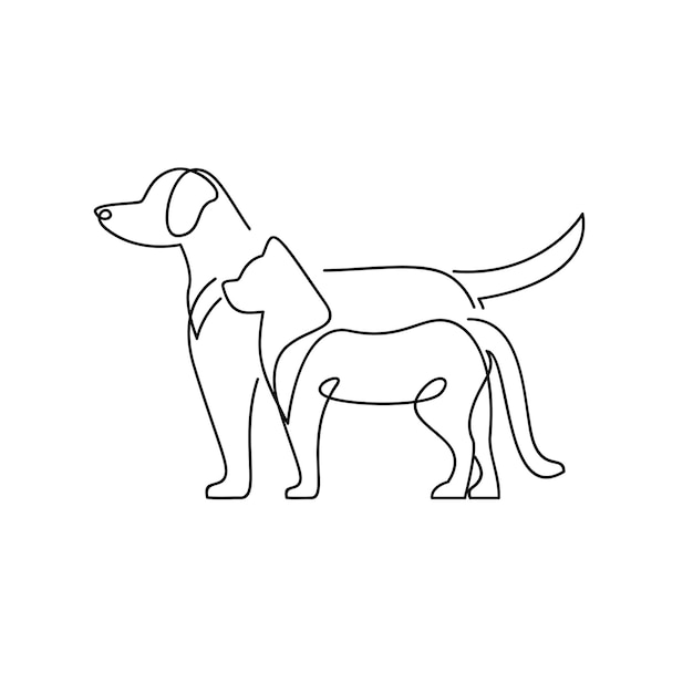 猫と犬のライン シングル ロゴ アイコン デザイン イラスト テンプレート