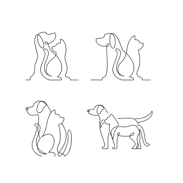 Cat and dog line single logo icon design illustration template