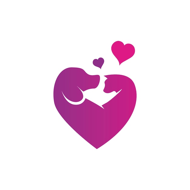 Cat and dog logo in love shape. pet love vector.