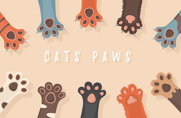 Cat and dog paws, background, prints, cartoon, cute animals legs wallpaper. Brochure, flyer, postcard. Paws up animals isolated on white background.   illustration in flat design.