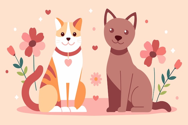 Vector a cat and dog sit side by side amid a backdrop of florals