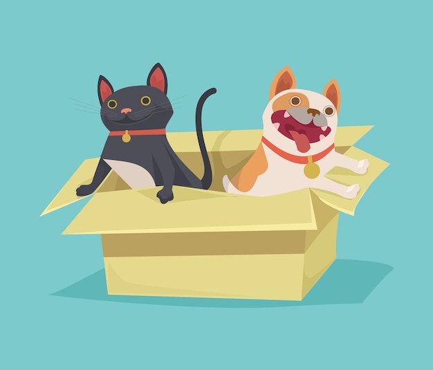 Gatto e cane che si siedono nell'illustrazione della scatola di cartone