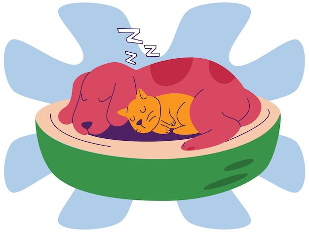 cat and dog sleeping on pet bed