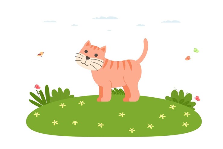 Cat. Domestic and farm animal. Ginger cat walks on the lawn. Mammal of the feline family of the order of predators. Vector illustration in cartoon flat style.