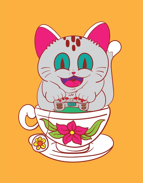 고양이 글 귀여운 동물 일러스트레이션 Sukiyama는 일본의 전통적인 천 또는 티셔츠를 의미합니다.