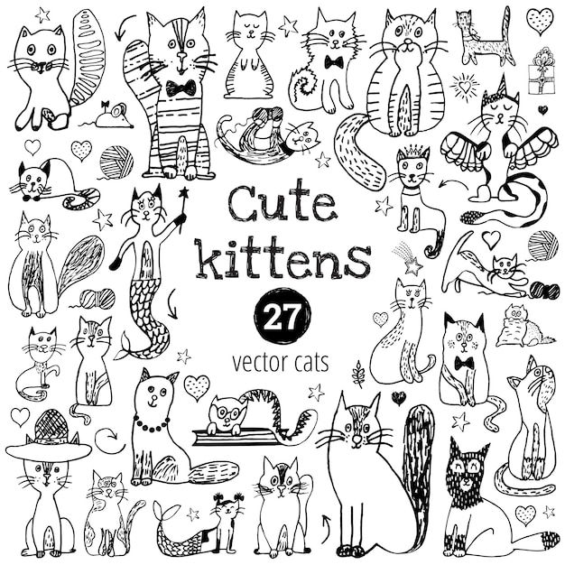 Cat doodle set cute sketch animal cartoon funny cats collection doodle line kitten with cute face