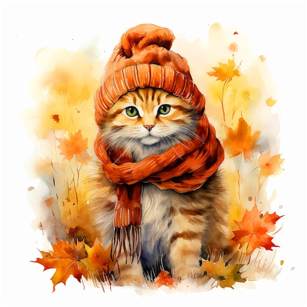 Cat dressed for autumn watercolor paint