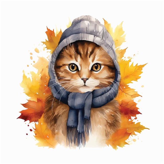 Cat dressed for autumn watercolor paint