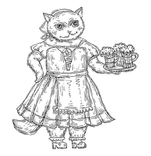 Cat dressed in national bavarian clothes and holding beer glass. vintage vector black hatching illustration isolated on white. hand drawn design for oktoberfest festival.