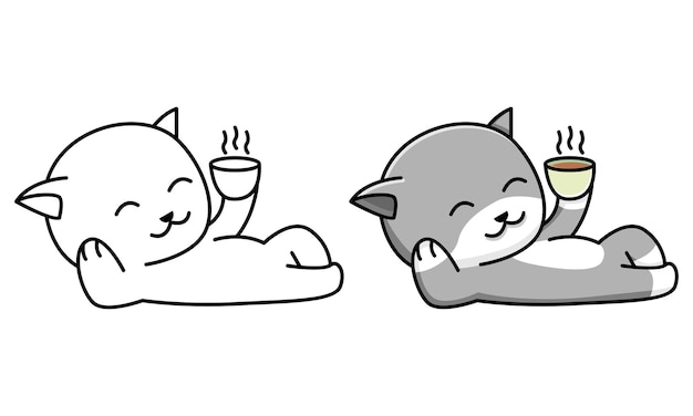 cat drink coffee coloring page for kids