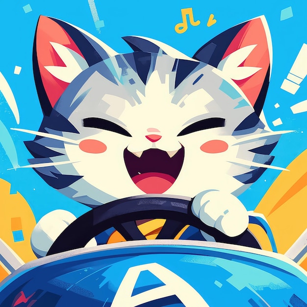 A cat driving a convertible cartoon style