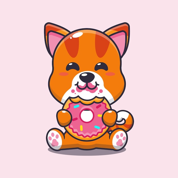 Cat eating donut cartoon vector illustration